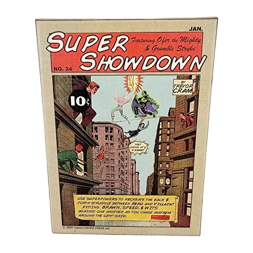 Super Showdown Touch Paper Press Card Boardgame Trevor Cram Hero vs Villian